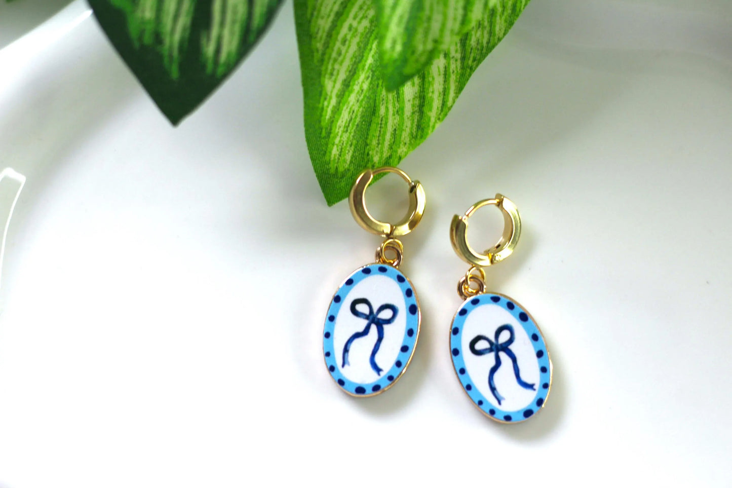 Coquette blue ribbon bow huggie hoop earring