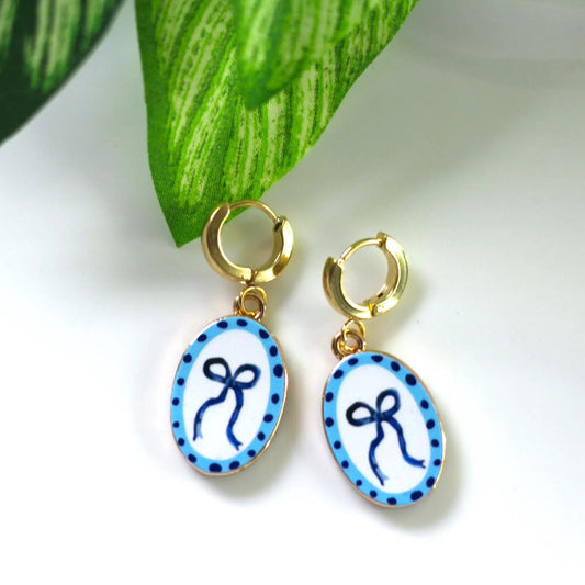 Coquette blue ribbon bow huggie hoop earring