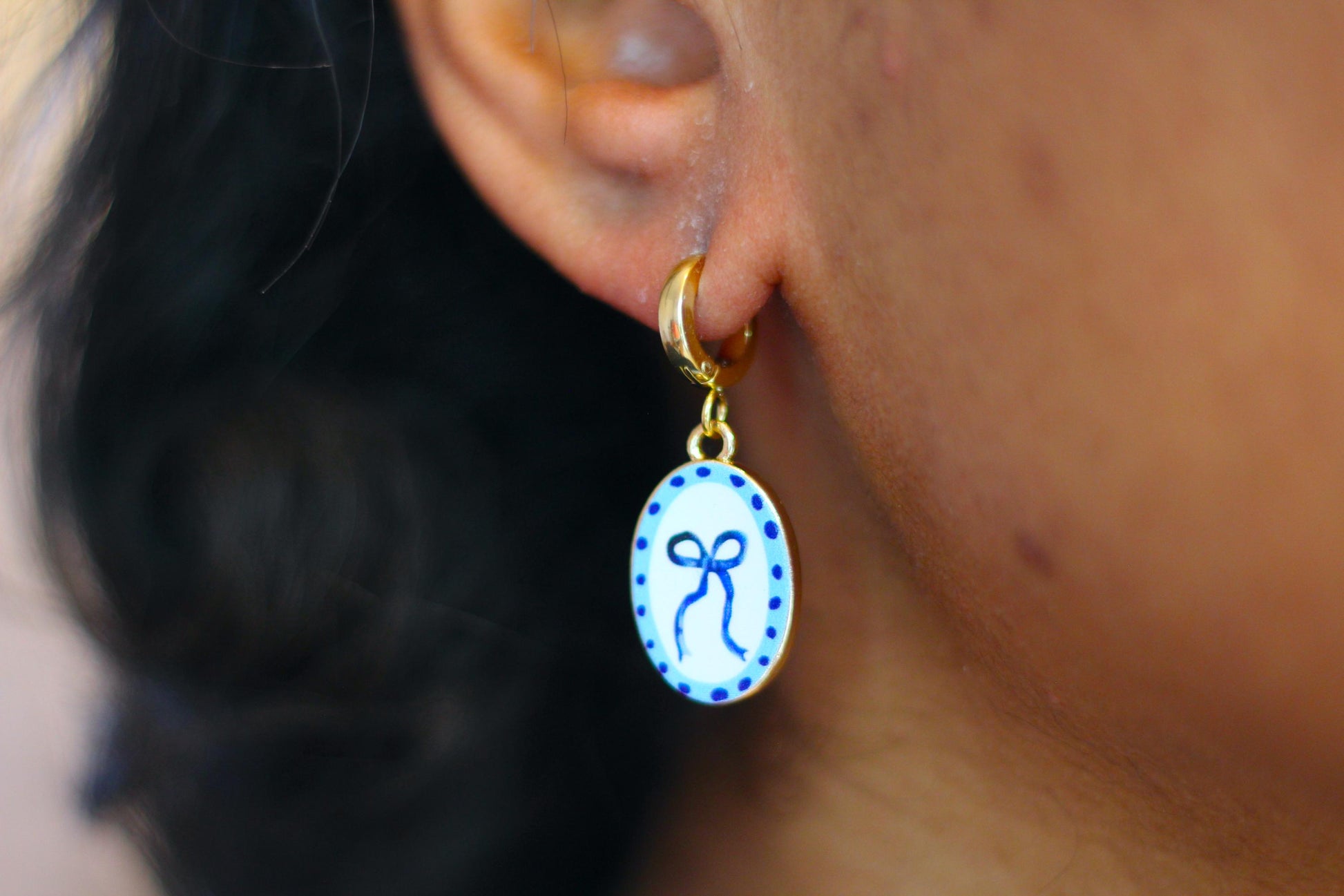 Coquette blue ribbon bow huggie hoop earring