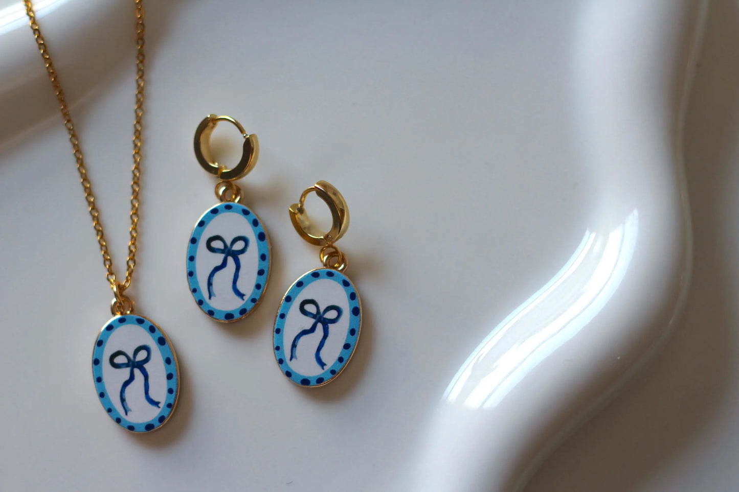 Coquette blue ribbon bow huggie hoop earring set and necklace