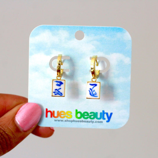 Abstract ceramic blue and white Charm Huggie Hoops - 18k Gold Plated Sterling Silver