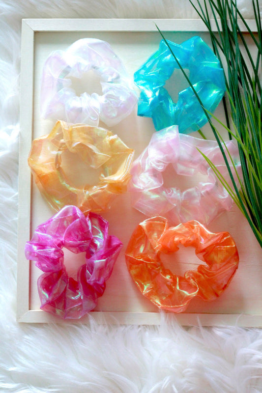 sheer scrunchies, iridescent scrunchies, tiktok trend accessories