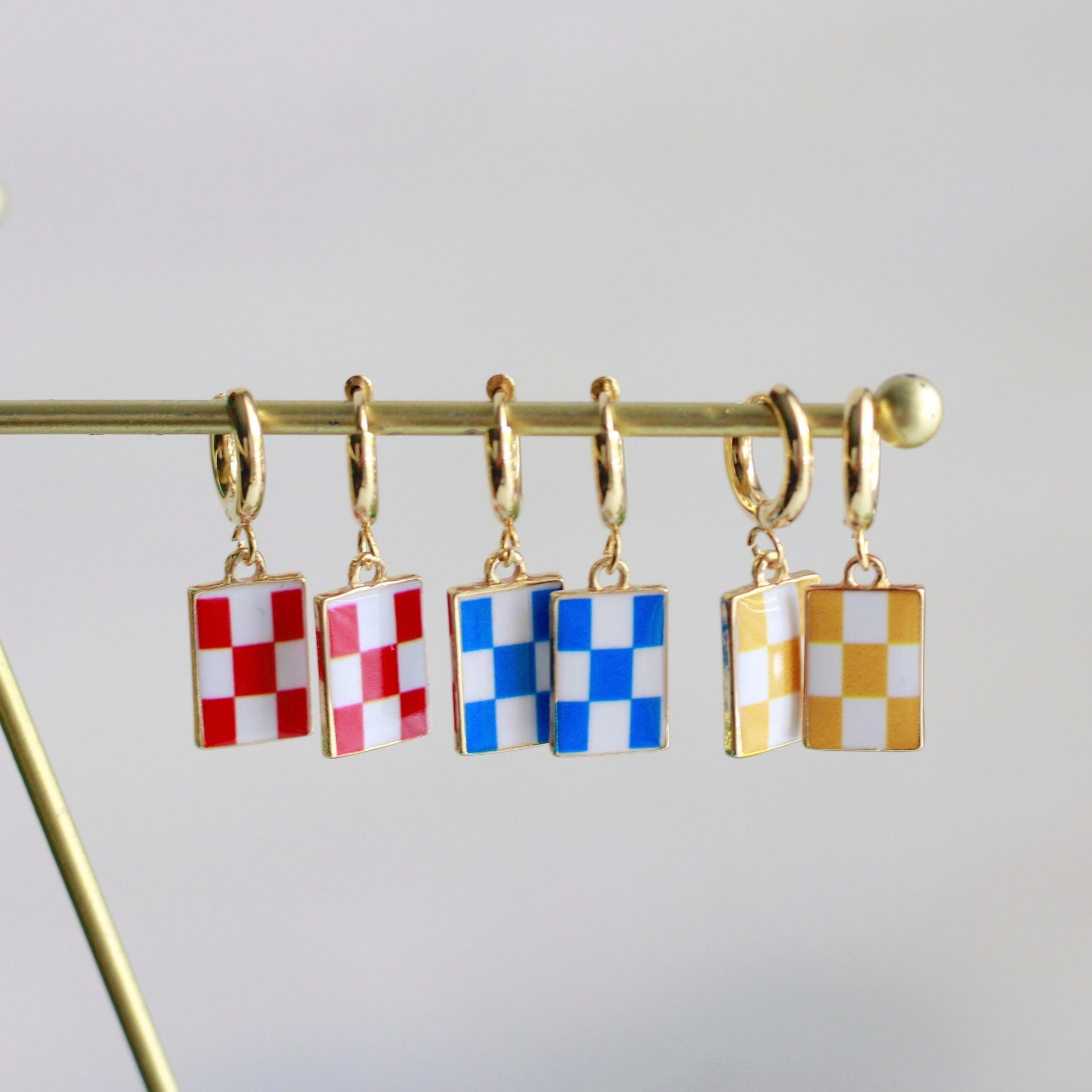 checkerboard earrings, red blue yellow checkered earrings, 24k gold filled stainless steel huggie hoops