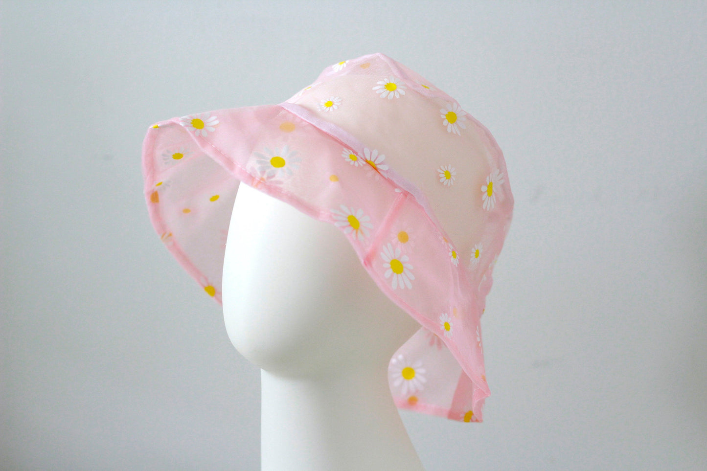 pink daisy bucket hat, sheer bucket hat, organza bucket hat