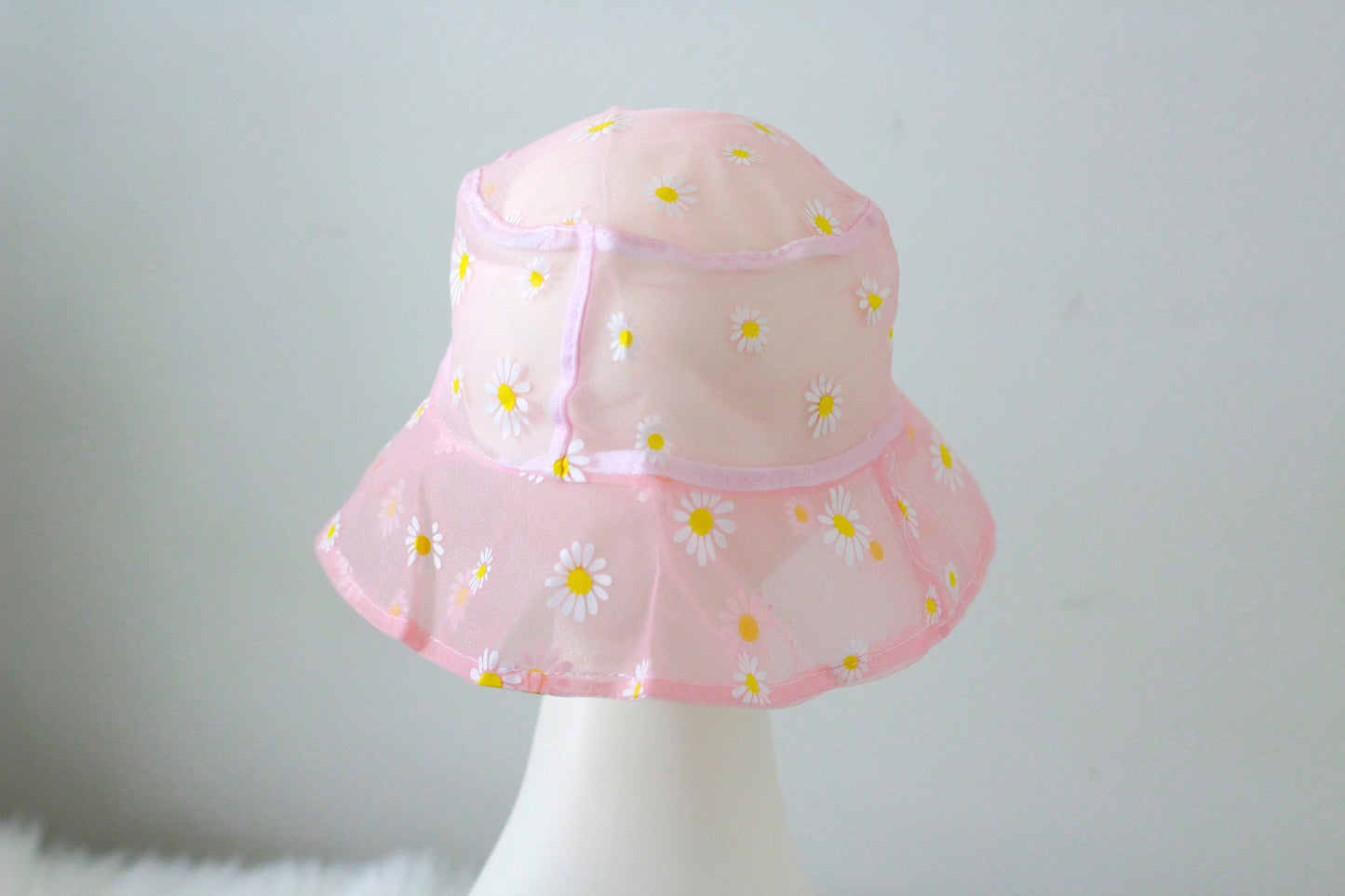 pink daisy bucket hat, sheer bucket hat, organza bucket hat