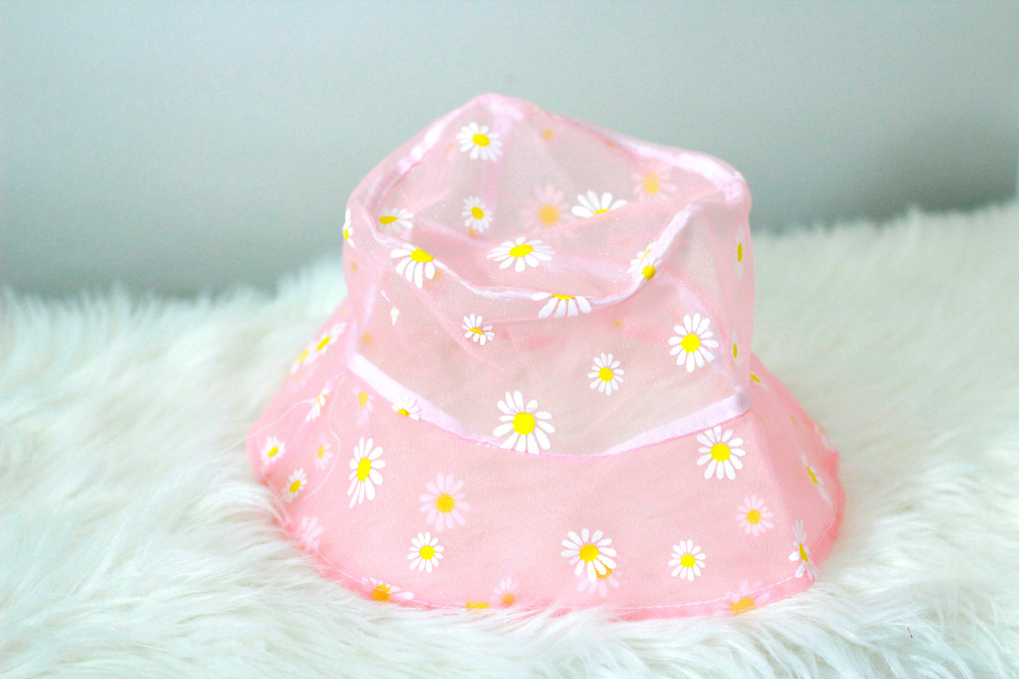 pink daisy bucket hat, sheer bucket hat, organza bucket hat