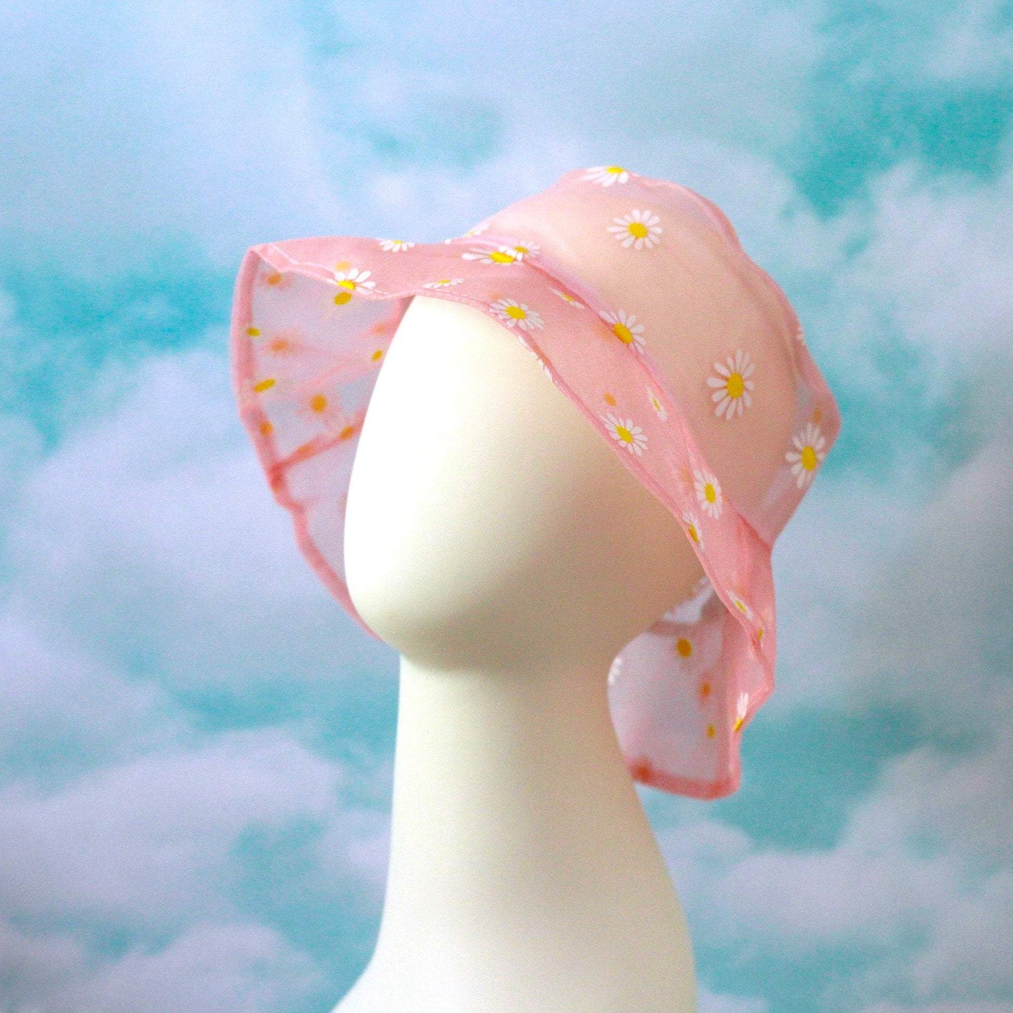 pink daisy bucket hat, sheer bucket hat, organza bucket hat