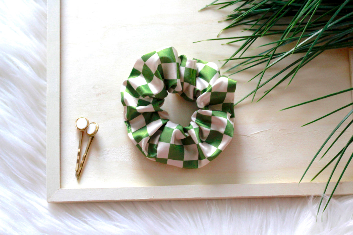 checkered scrunchies, green checkered scrunchies, tiktok trend accessories