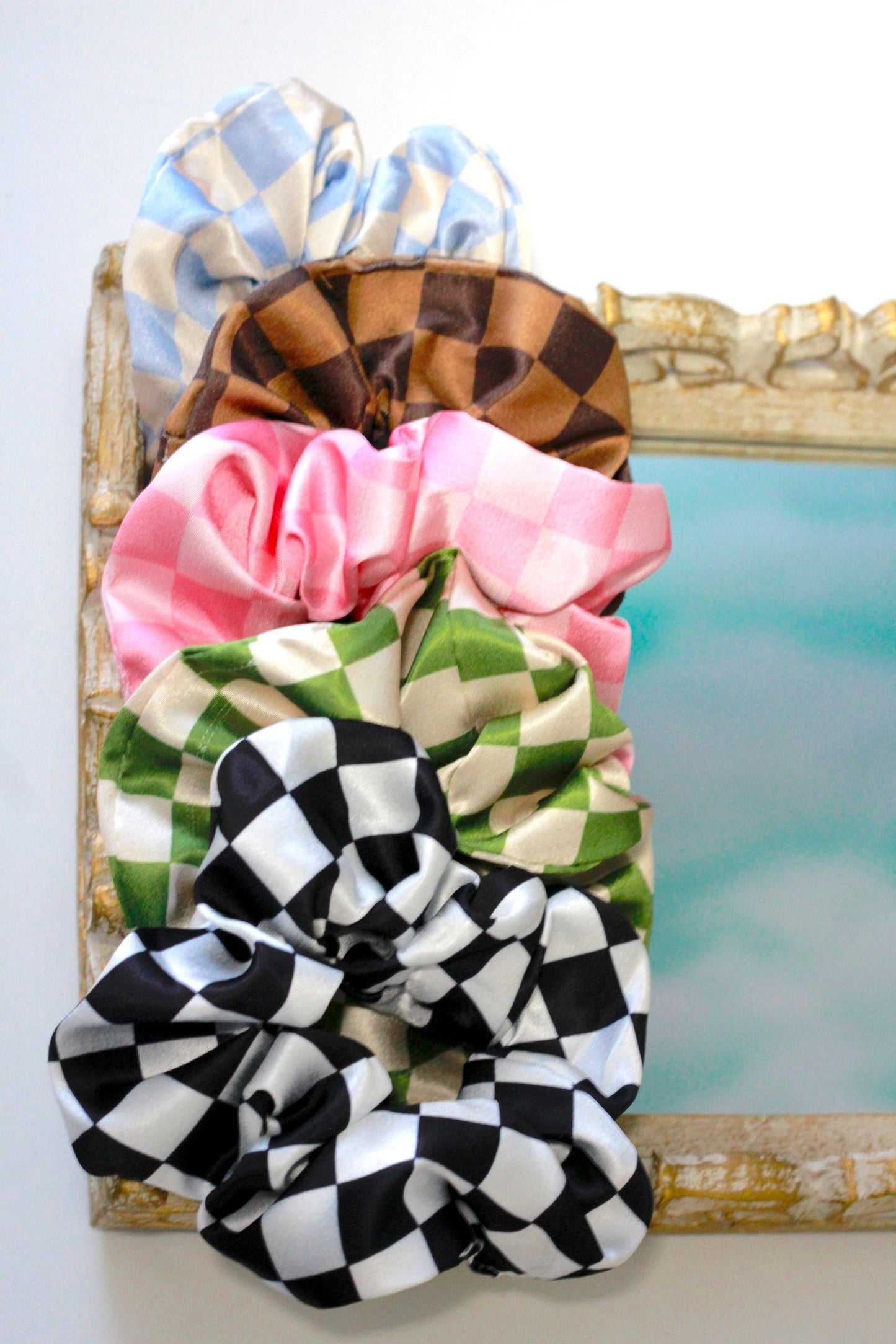 checkered scrunchies, brown green pink blue black and white scrunchies, tiktok trend accessories