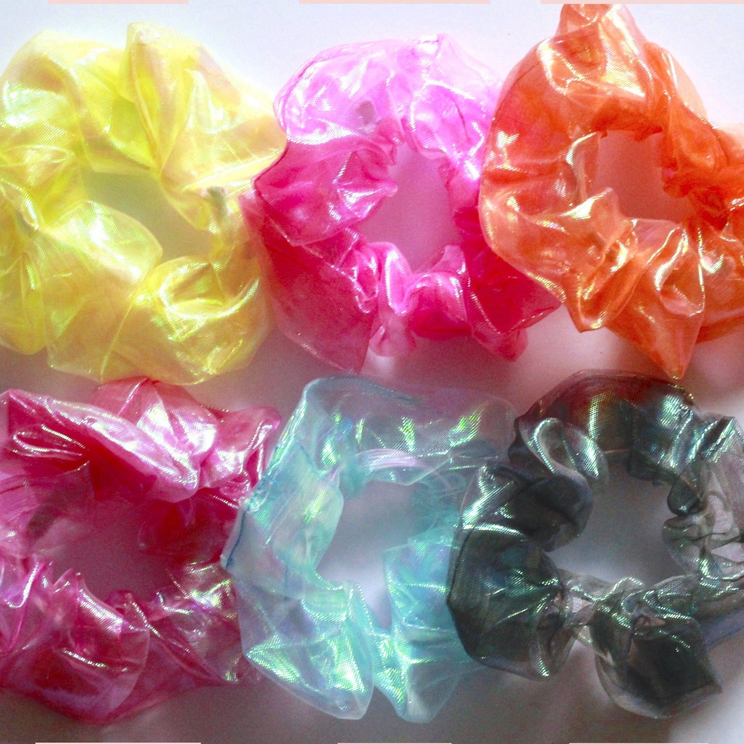 sheer scrunchies, iridescent scrunchies, tiktok trend accessories